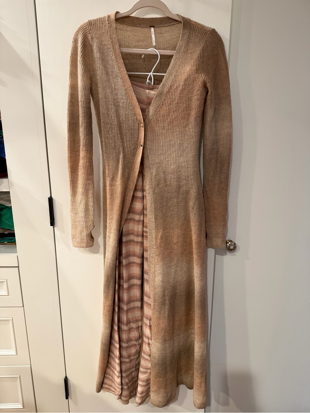 Free People Esme Set Long Ribbed Knit Cardigan & Striped Pants Neutral Combo XS
